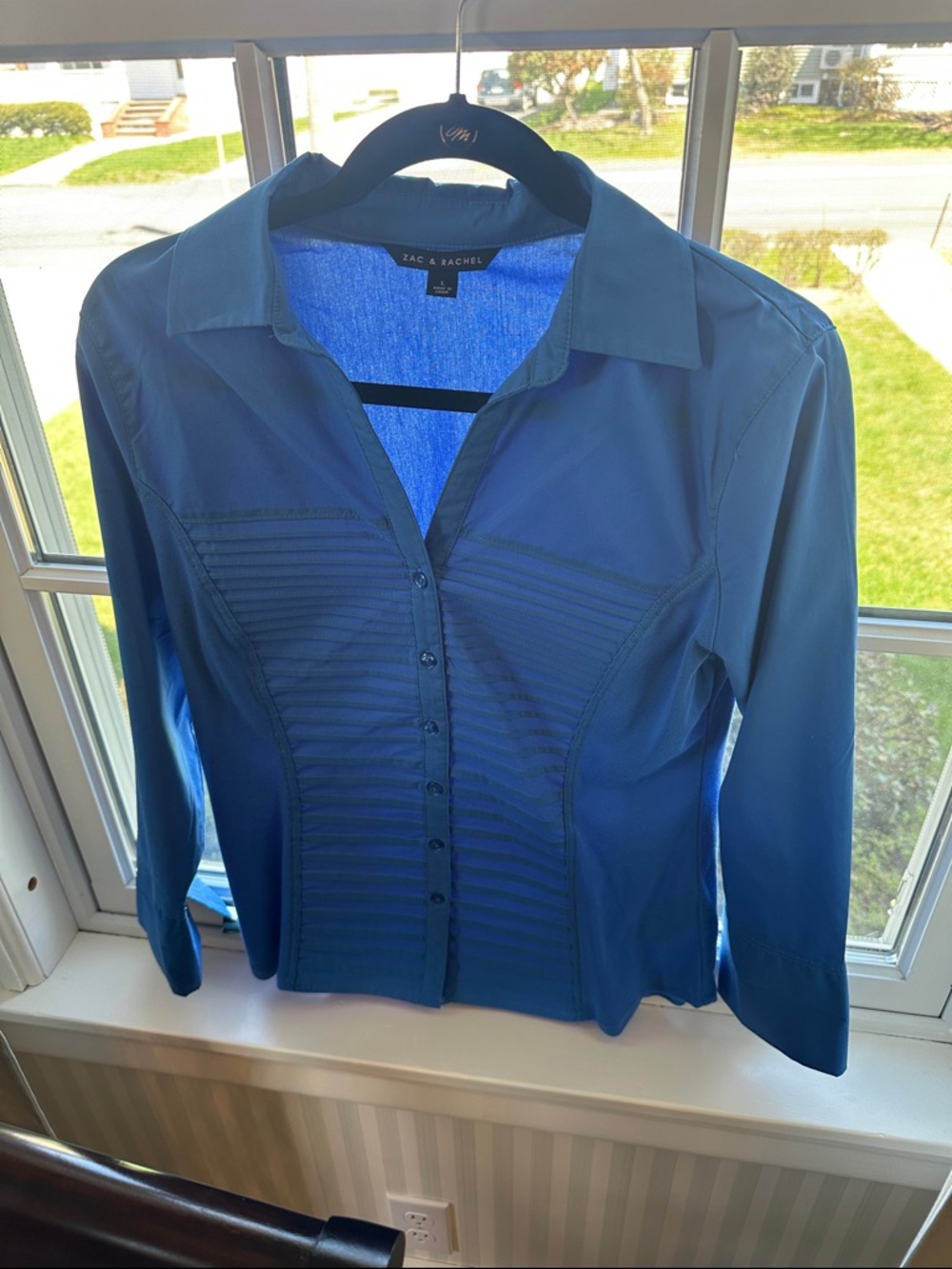 Zac & Rachel Teal-Blue Button Front Pintuck Blouse Size Large